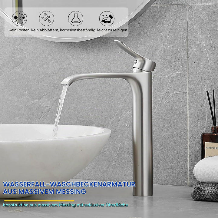 Bad Wasserhahn Wasserfall Badarmatur Hoch Waschtischarmatur Einhebel Mischbatterie, Silber (Gebürste
