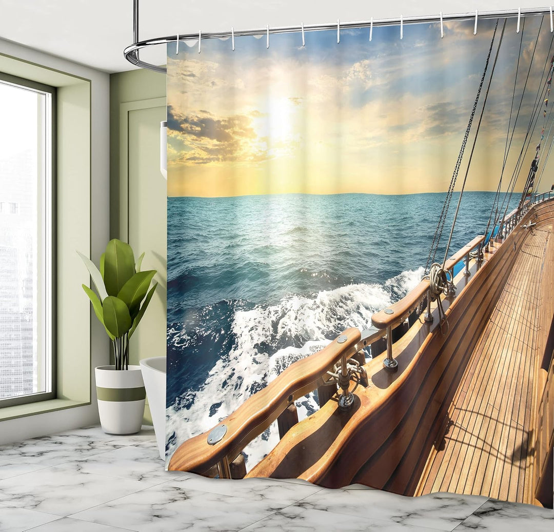 ABAKUHAUS Nautisch Duschvorhang, Segelboot-Sonnenuntergang Meer, Stoffliches Gewebe Badezimmerdekora