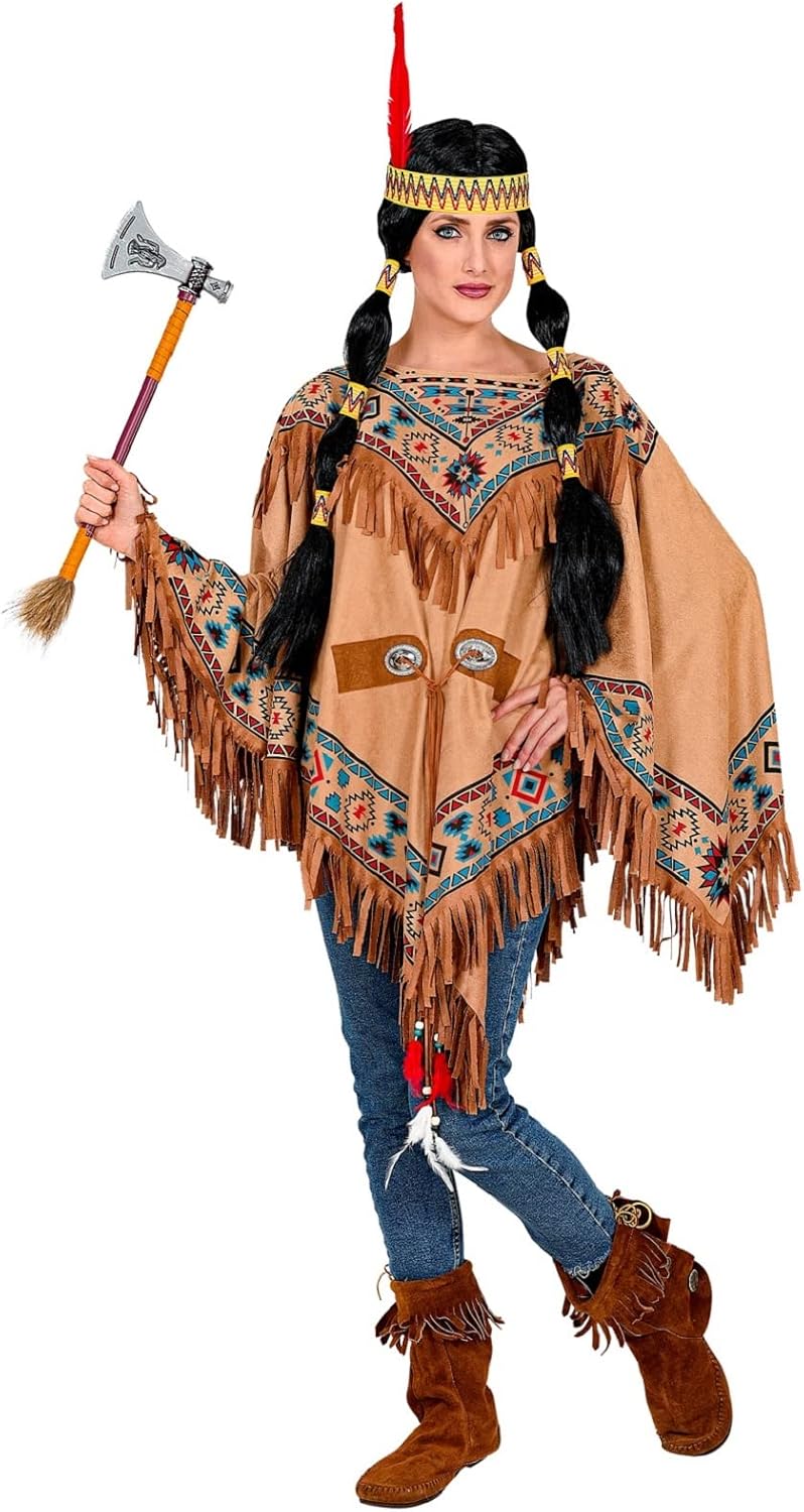MIMIKRY Indianerin Indianer Poncho Wildleder-Optik mit Ethno-Druck Fransen Federn Wilder Westen West