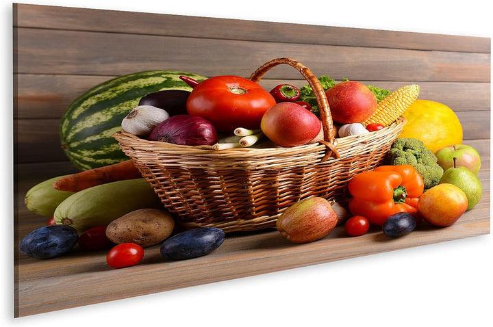 islandburner Bild auf Leinwand Korb Mit Bio Obst Und Gemüse Auf Holzuntergrund Bilder Wandbilder Pos