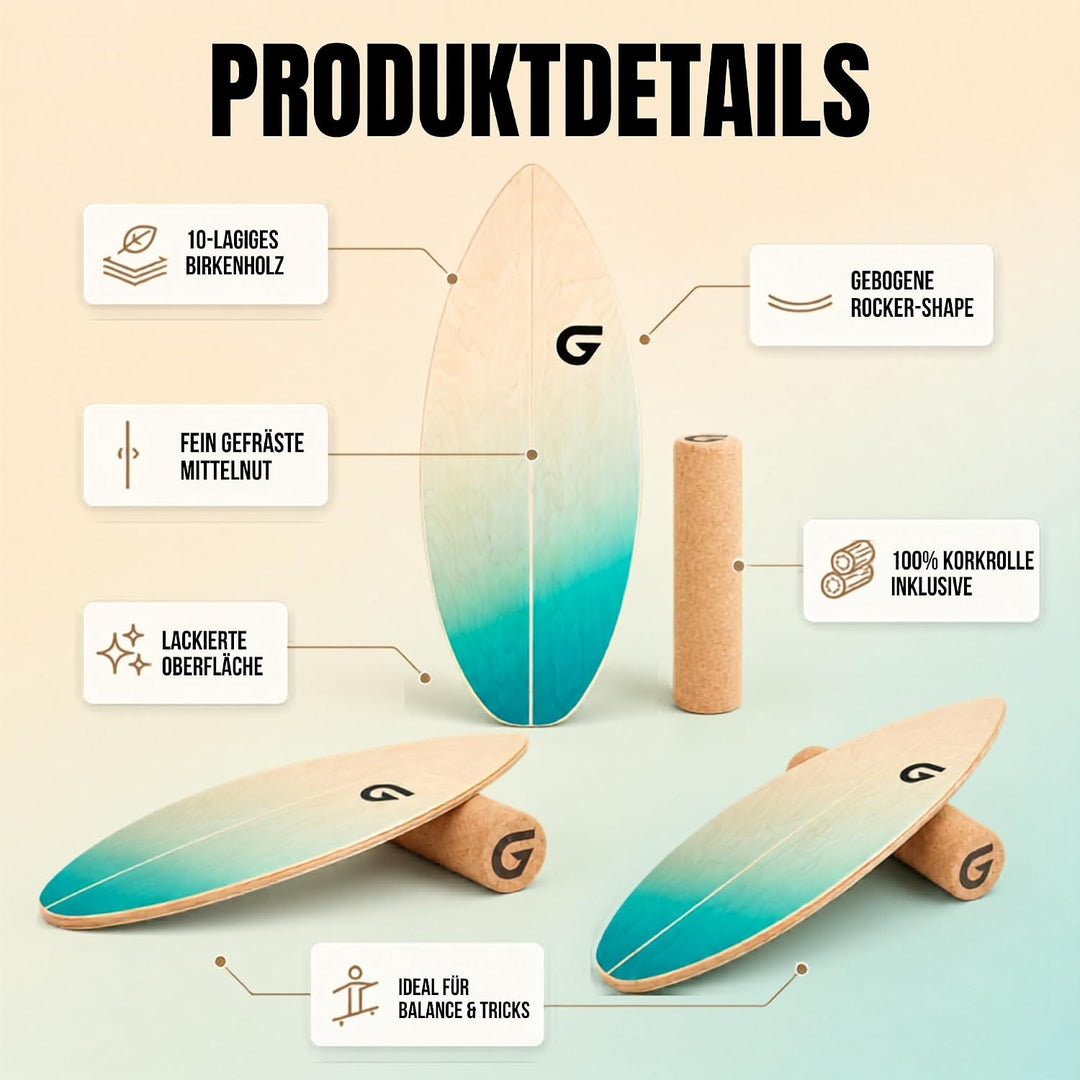 Glory Boards® Balance Board – Handmade - 100% Birkenholz - Inklusive Korkrolle - Optimal für Gleichg