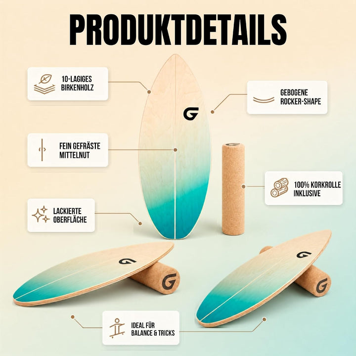 Glory Boards® Balance Board – Handmade - 100% Birkenholz - Inklusive Korkrolle - Optimal für Gleichg