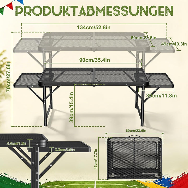Tragbarer Campingtisch 90x60cm, Höhenverstellbar & Klappbar Gartentisch mit Metallgitterplatte, Erwe