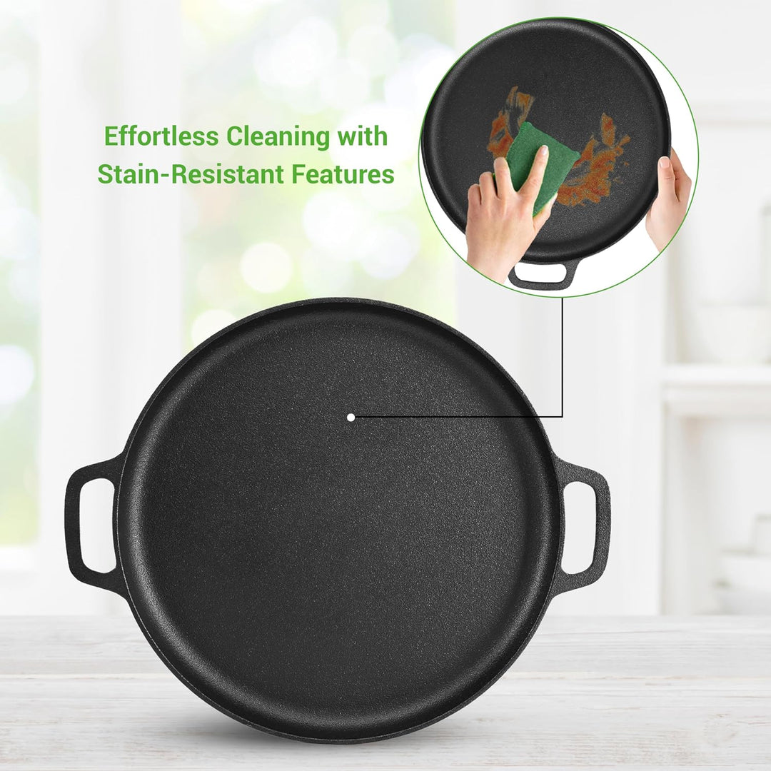 NutriChef Flache Gusseisen-Pizza-Pfanne, 33 cm, vielseitige, voreingebrannte runde Grillplatte mit i