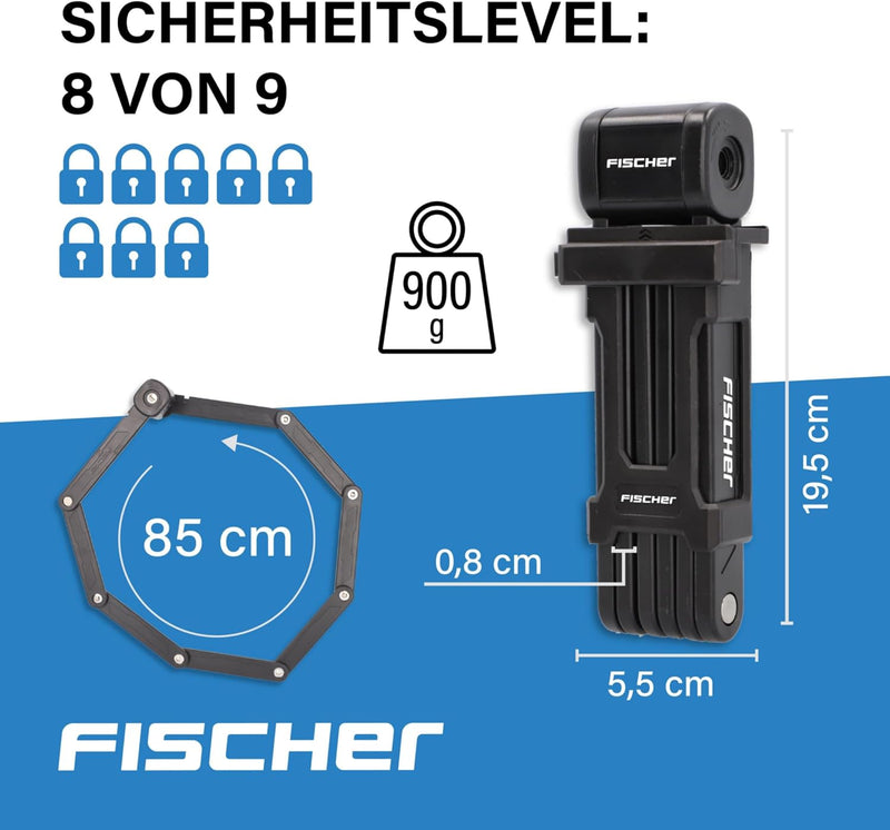 FISCHER Faltschloss inkl Halterung und 2 Sicherheitsschlüssel Schwarz 85 cm Single