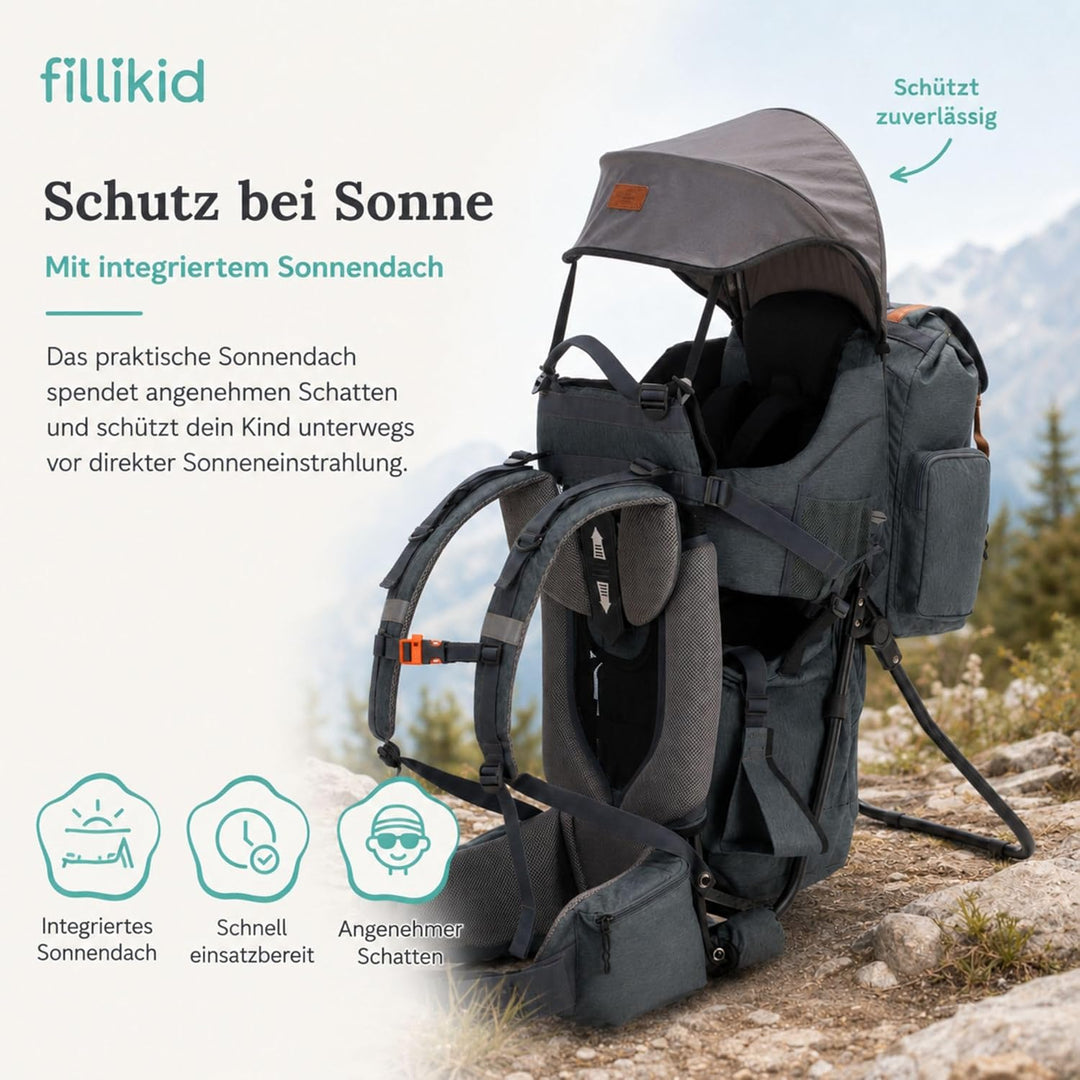 Fillikid Premium Babytrage Rückentrage Baby | Rücken Babytrage mit Sonnendach & grossen Staufächern