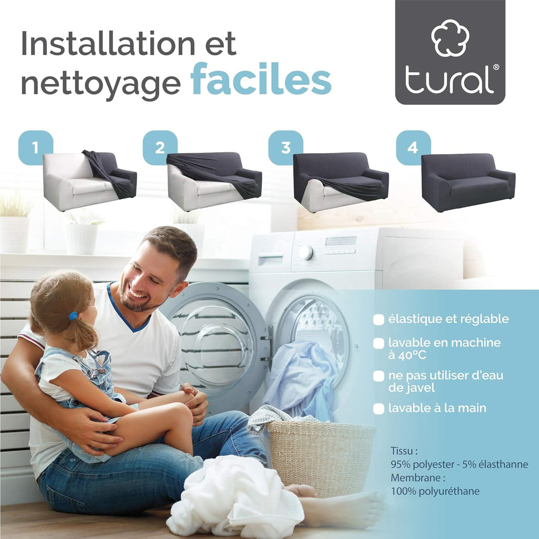 Tural - Sofabezug 100% wasserdicht und elastisch, grau | 1 Sitzer (70cm – 100cm) Venezia | Sofabezug