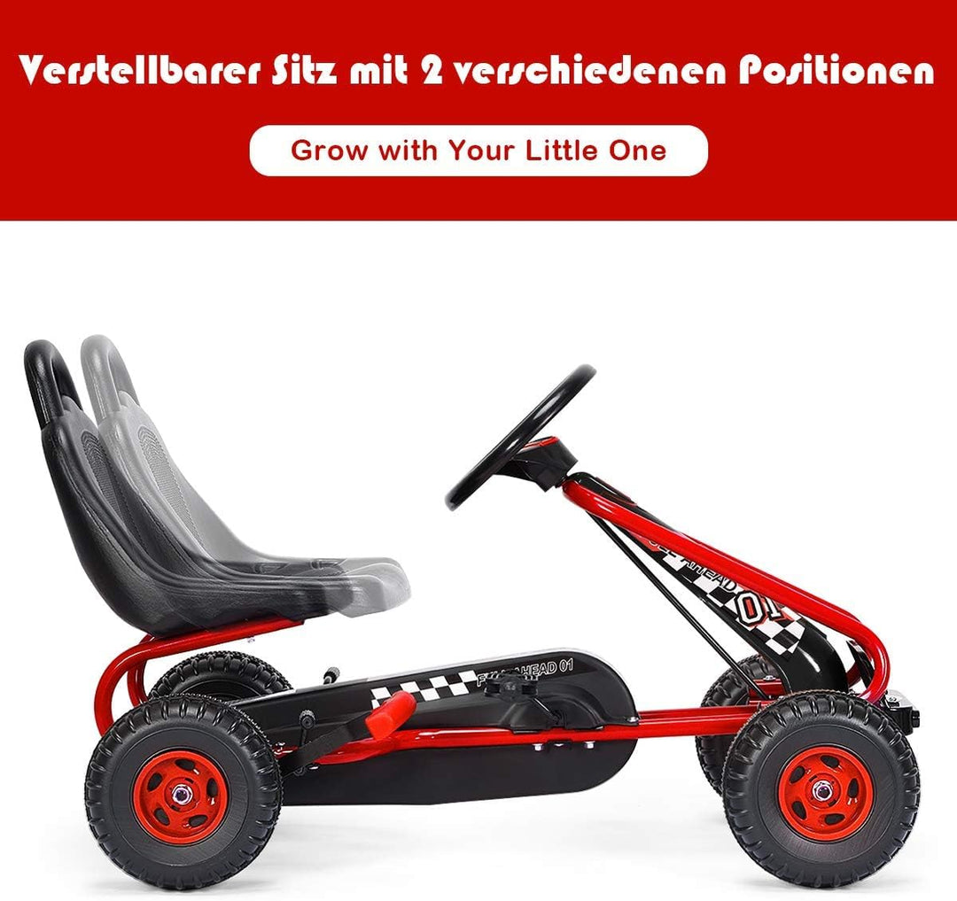FANTASK Gokart mit verstellbarem Sitz, Go Cart mit Handbremse, Tretauto bis 30 kg belastbar, Kinderf