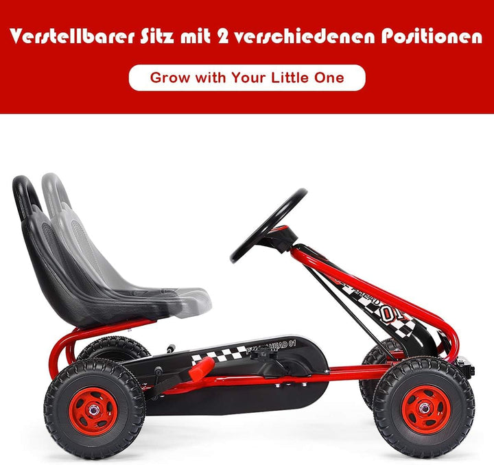 FANTASK Gokart mit verstellbarem Sitz, Go Cart mit Handbremse, Tretauto bis 30 kg belastbar, Kinderf