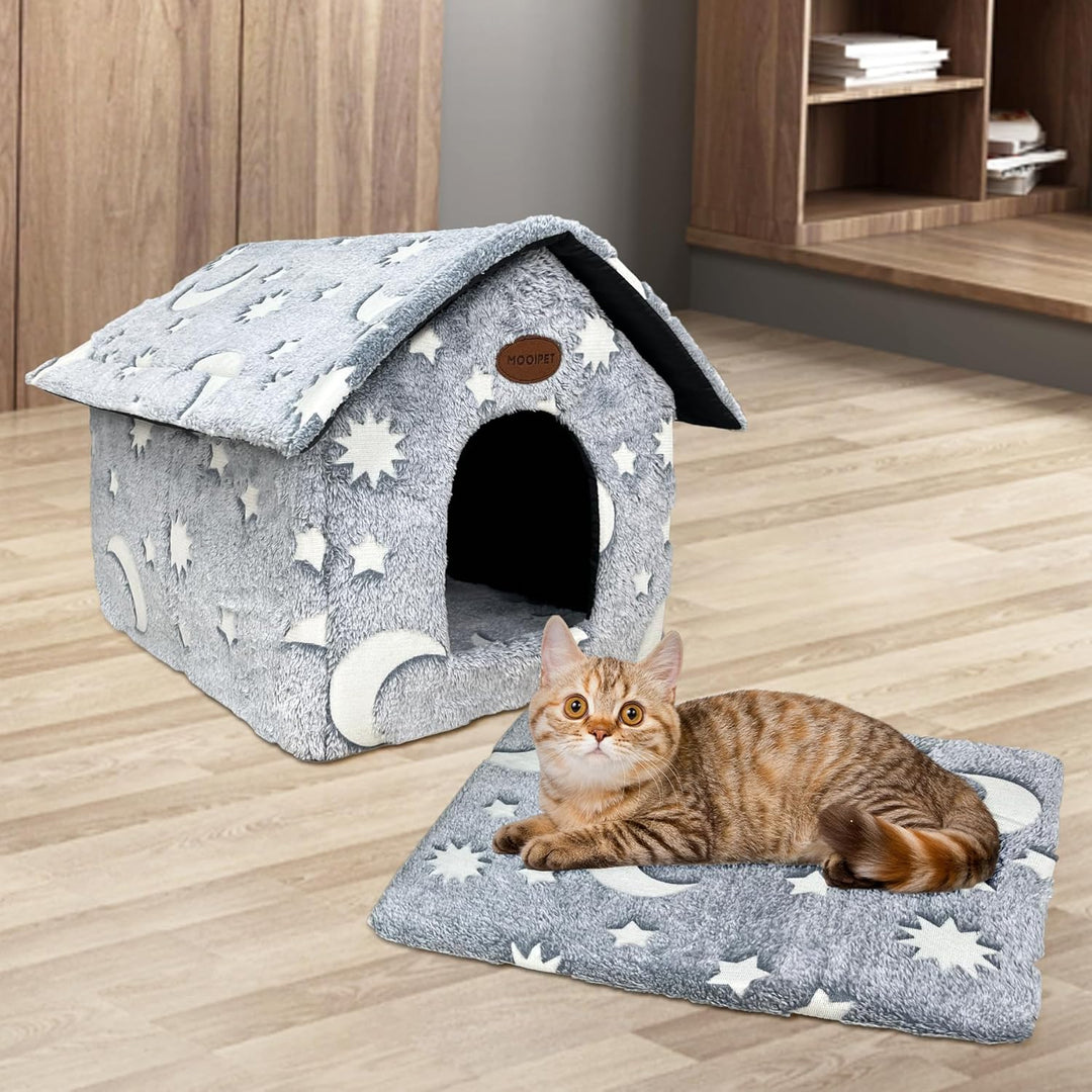 Plüsch Katzenhaus mit Waschbarem Kissen Tragbare Katzenhütte mit Rutschfestem Boden Weiches und Warm