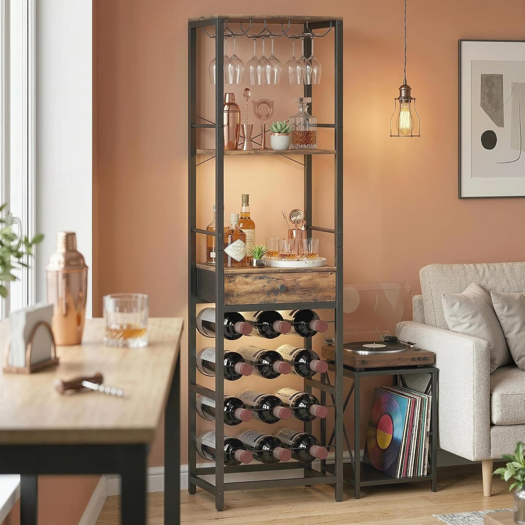 HOMCOM Weinregal Flaschenregal für 12 Weinflaschen, mit Glashalter und Schublade, Standregal, Weinha