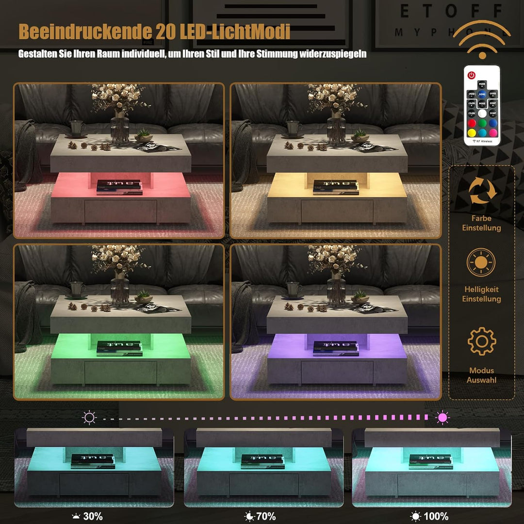 Couchtisch LED, Wohnzimmertisch mit 2 Schubladen für Wohnzimmer 78 x 78 x 40cm (Grau), Grau