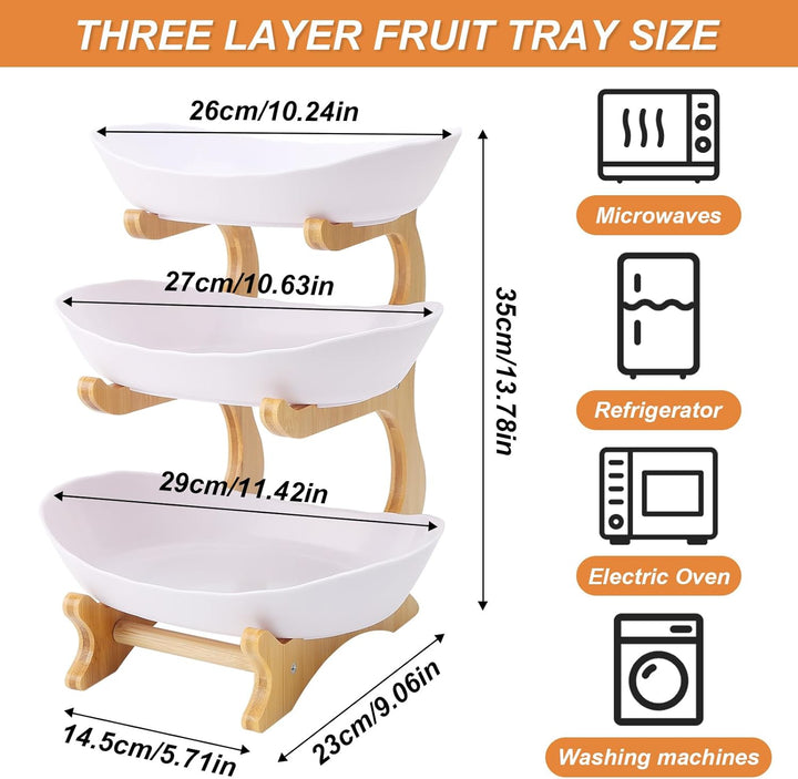 Obstschalenkorb, 3-stöckig, Servierschalen, Tablett-Set, Obstkorbständer mit Holzregal für Unterhalt
