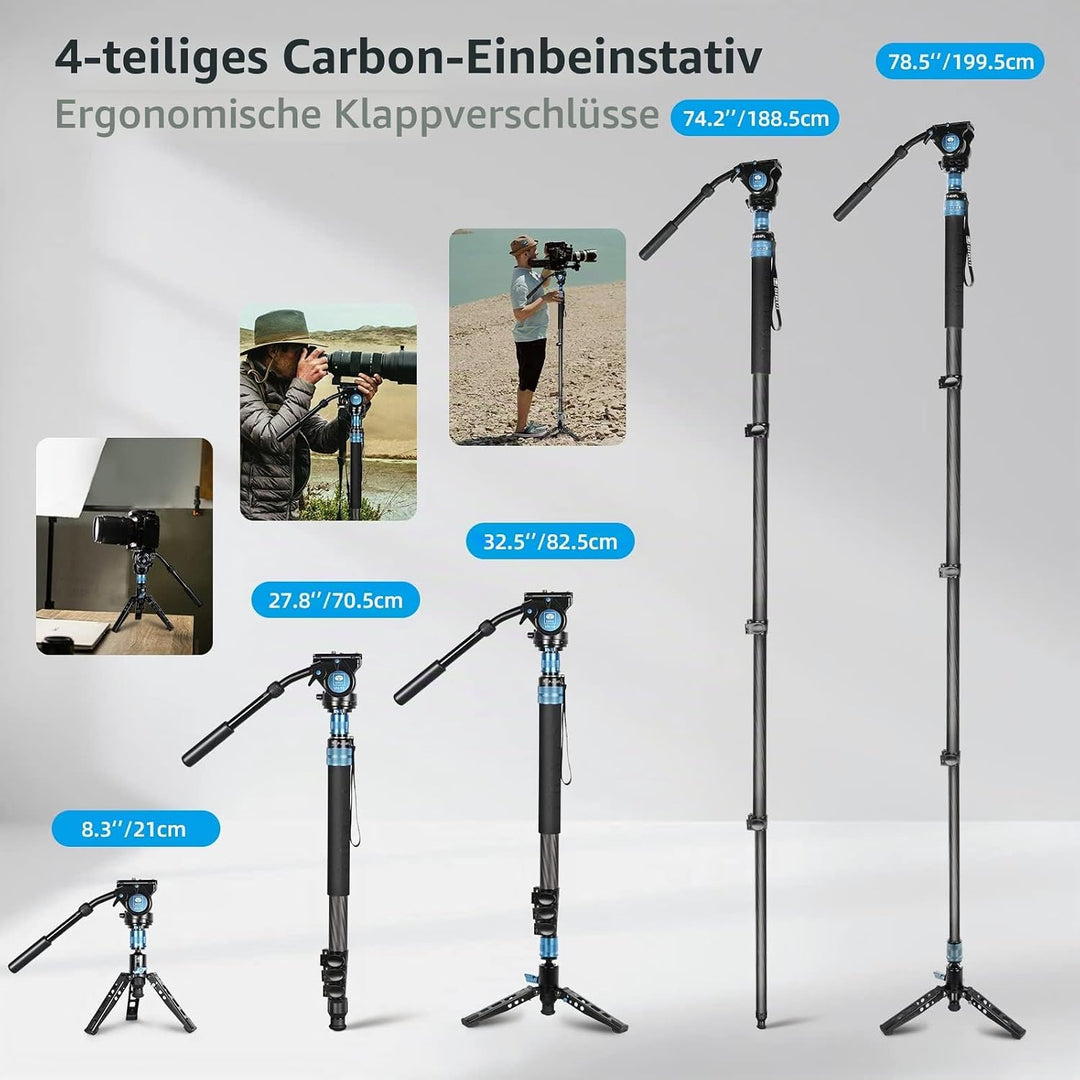 SIRUI P-424FL 199.3CM Kohlefaser-Kamera-Einbeinstativ mit VH-10 Fluid-Videokopf, professionelles Sch