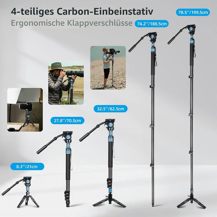 SIRUI P-424FL 199.3CM Kohlefaser-Kamera-Einbeinstativ mit VH-10 Fluid-Videokopf, professionelles Sch