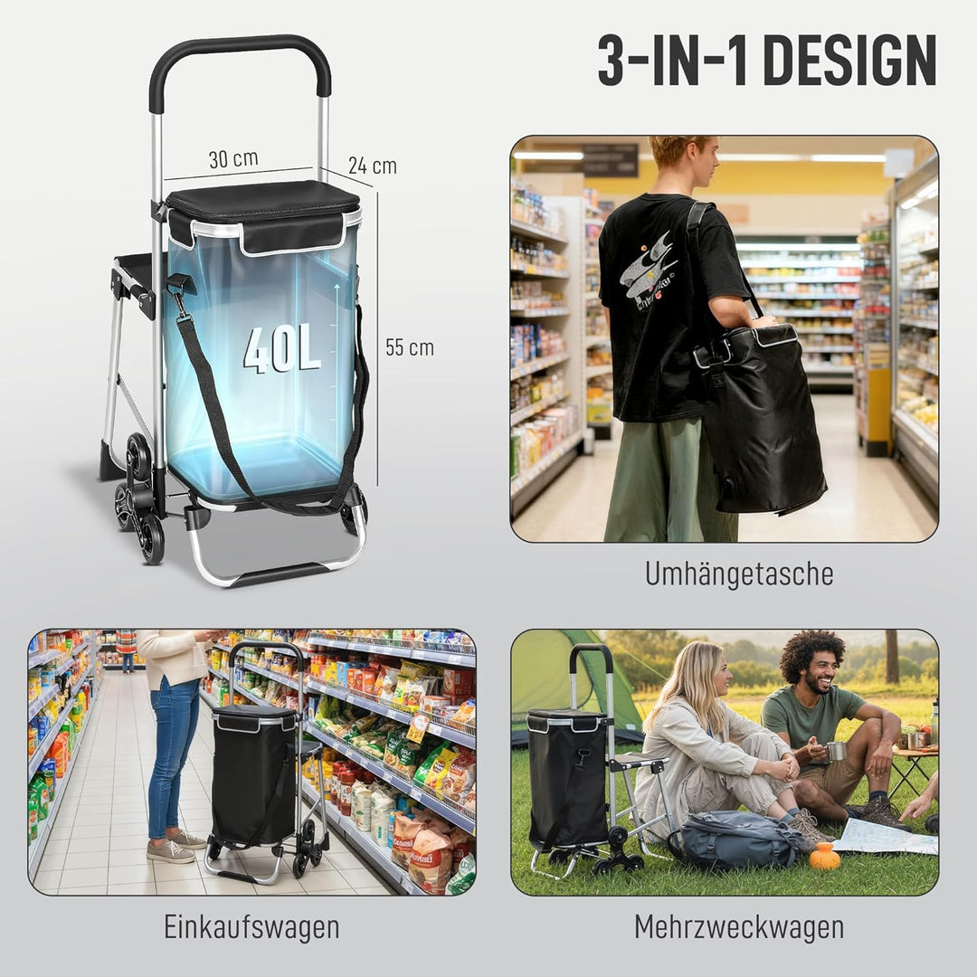 HOMCOM 3-in-1 Einkaufstrolley klappbar mit 40L Kapazität, klappbar Sitz, Trolley bis 25kg belastbar