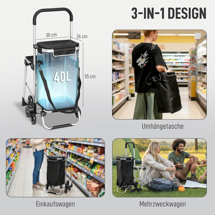 HOMCOM 3-in-1 Einkaufstrolley klappbar mit 40L Kapazität, klappbar Sitz, Trolley bis 25kg belastbar