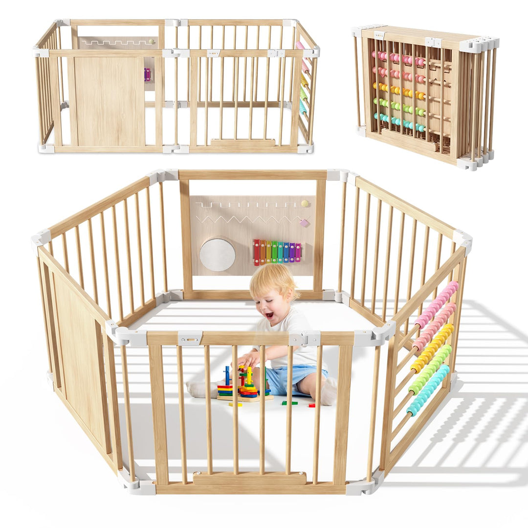 Laufstall Baby Holz mit Spielcenter – 160x80x61cm Verstellbare Grösse &amp; Form Laufgitter, Faltbarer L