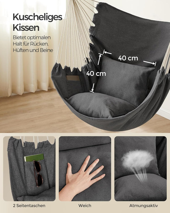 SONGMICS Hängesessel, Hängeschaukel, Hängestuhl mit 2 Kissen, Metallkette, bis 150 kg belastbar, Ind