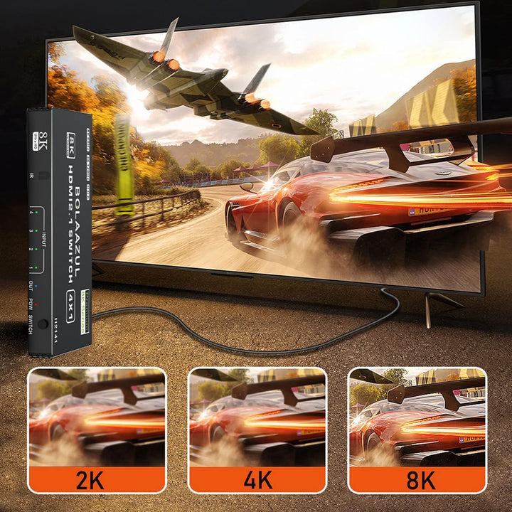 Bolaazul 8K@60Hz HDMI 2.1 Splitter Switcher Box 4-Port mit IR Fernbedienung 4K@120Hz 2K@144Hz, HDR,