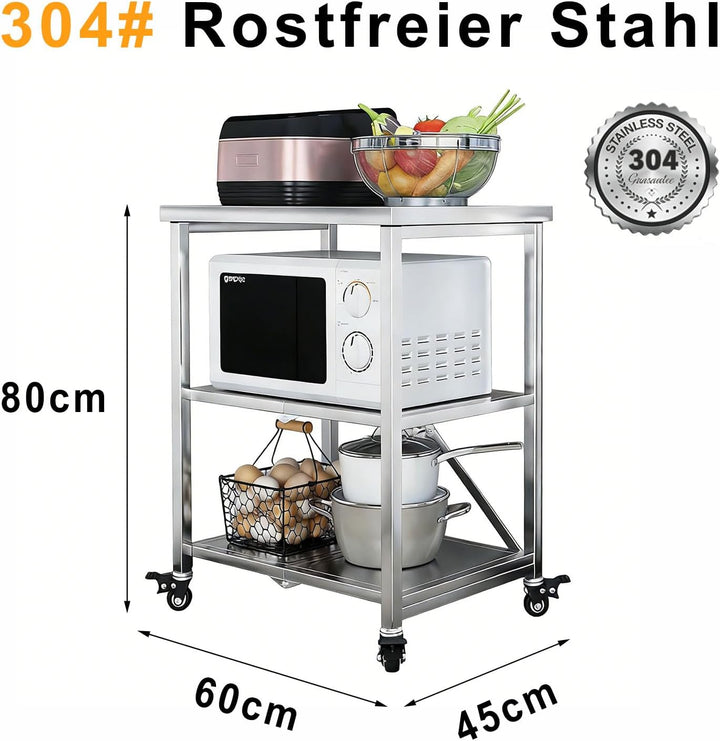 Rollwagen Servierwagen, Küchenwagen 3-stöckiger Allzweckwagen Feststellbremse, Regal Edelstahlwagen