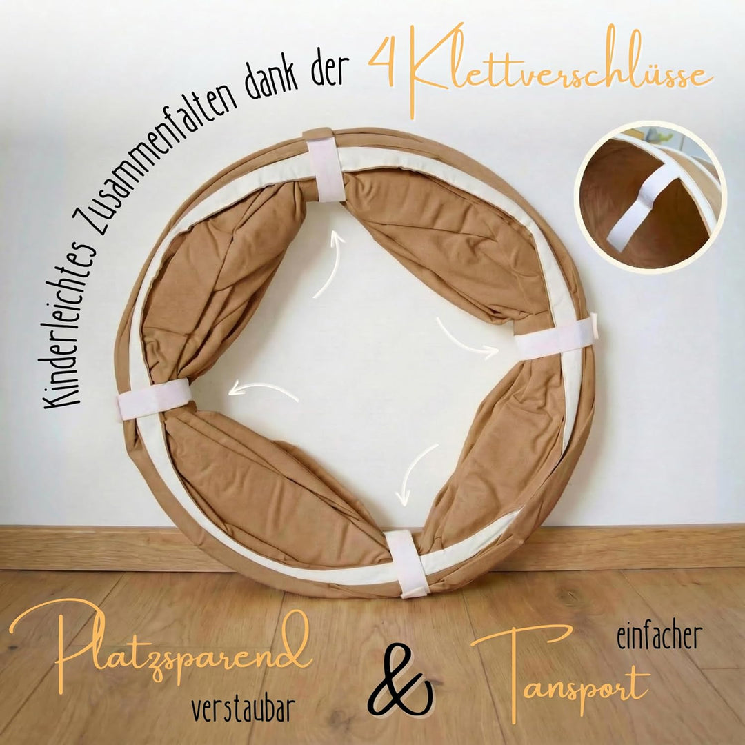 Spieltunnel für Kinder aus Baumwolle/Hanf mit Klettverschlüssen [180cm x 46cm] Krabbeltunnel für Bab