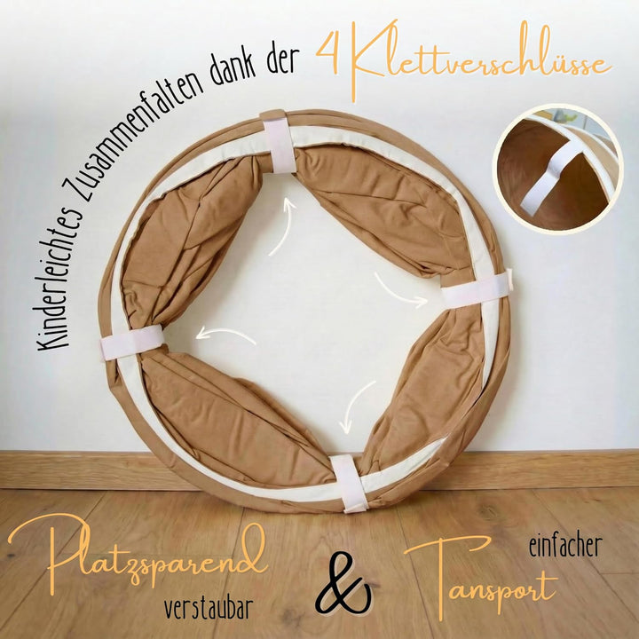 Spieltunnel für Kinder aus Baumwolle/Hanf mit Klettverschlüssen [180cm x 46cm] Krabbeltunnel für Bab