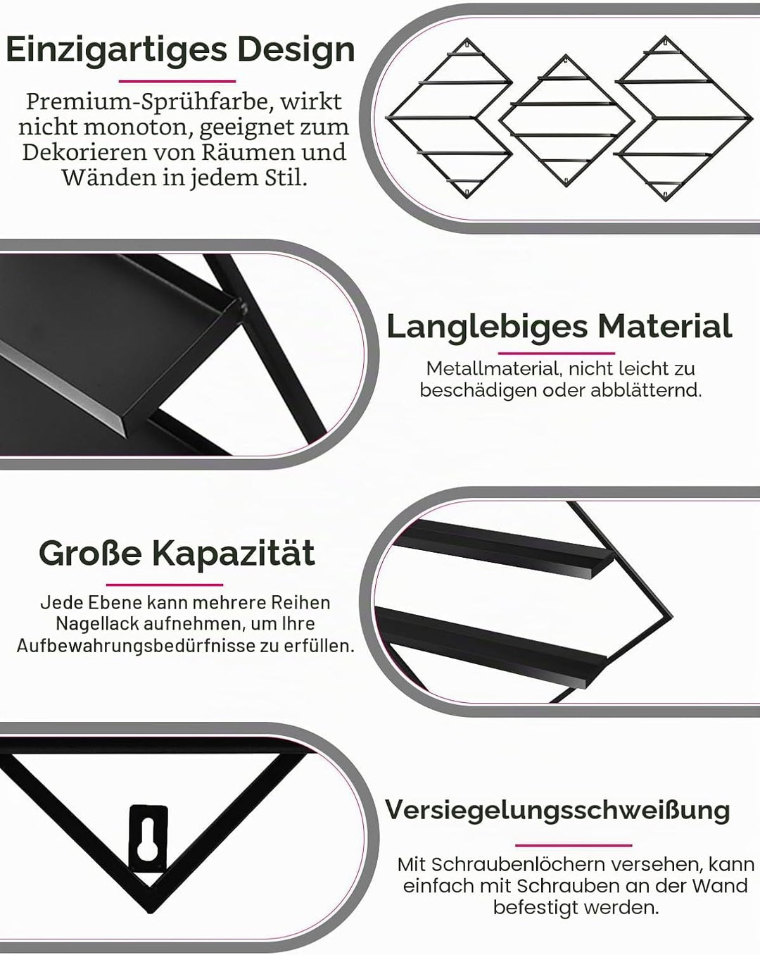 3 Stück Nagelllack Ständer aus Metall zur Wandmontage, Kalolary Schwarzes Präsentationsregal Kosmeti