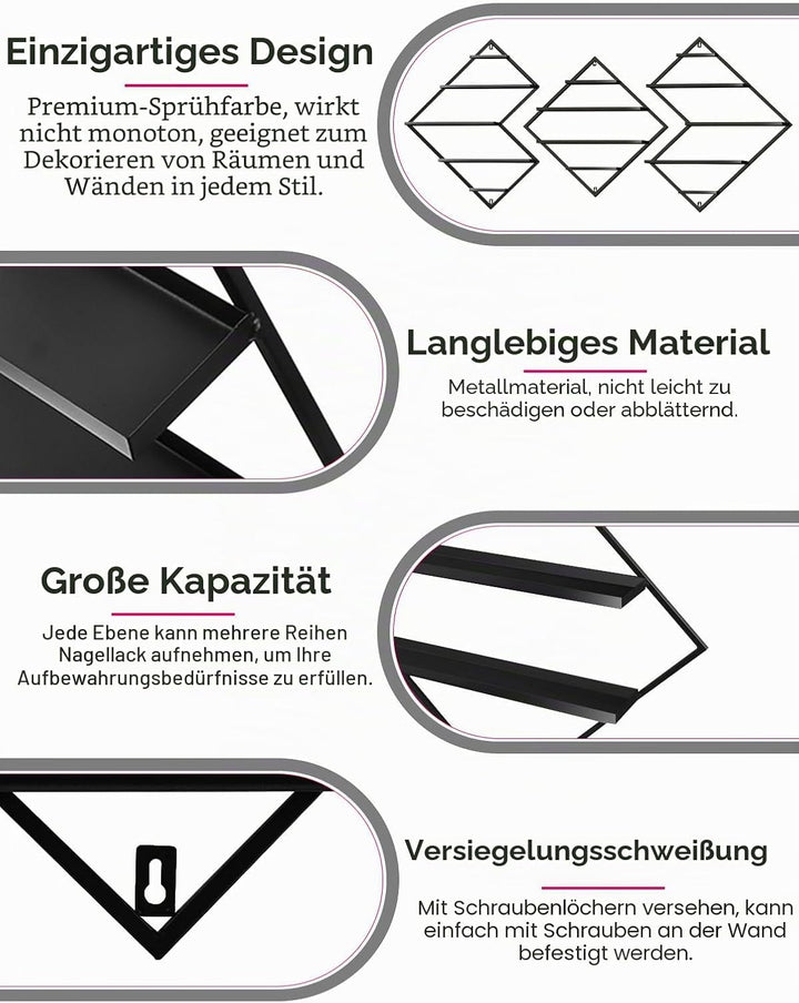 3 Stück Nagelllack Ständer aus Metall zur Wandmontage, Kalolary Schwarzes Präsentationsregal Kosmeti