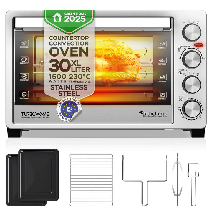 TurboTronic 30 L Elektrobackofen mit Grill, Umluft, Drehspiess & Timer | Kompakter Tischbackofen aus