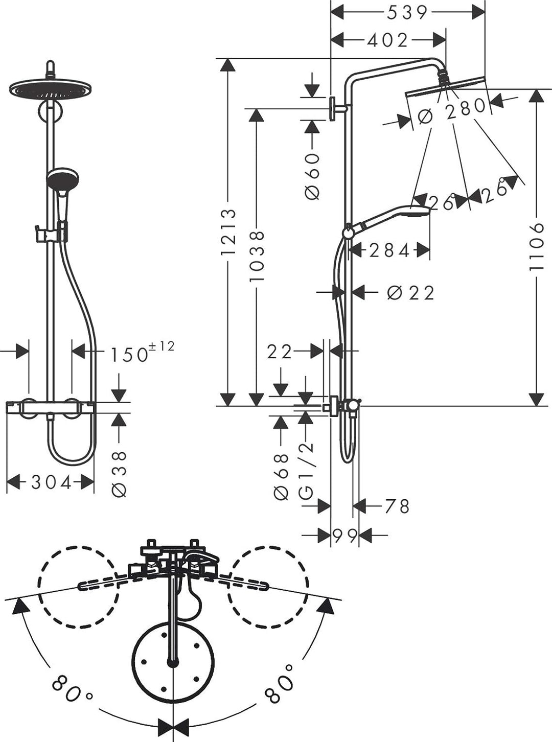 hansgrohe Duschsystem Croma Select S 280 Regendusche (Kopfbrause, Duschkopf, Duschstange, Thermostat