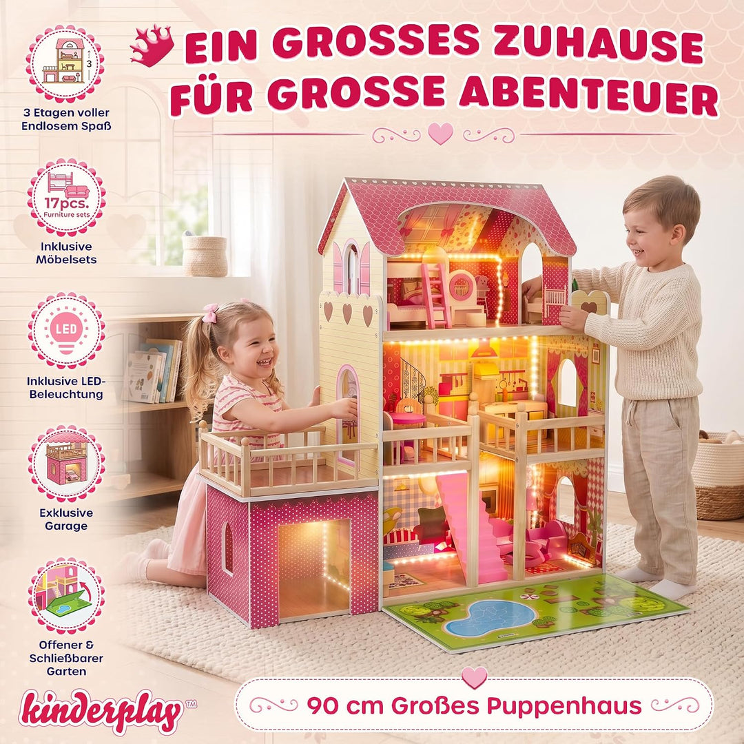 Kinderplay Puppenhaus Holz Gross, Puppenvilla, Puppenhaus Holz Gross komplett - Barbie Traumvilla, B
