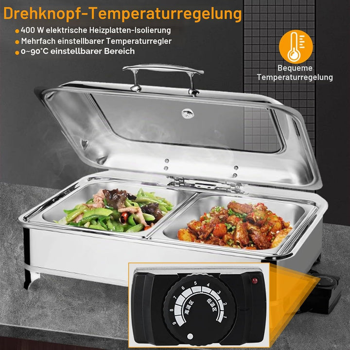Chafing Dish Elektrisch, 9L Edelstahl Speisenwärmer Buffetwärmer mit Sichtbarem Glasdeckel, Kommerzi