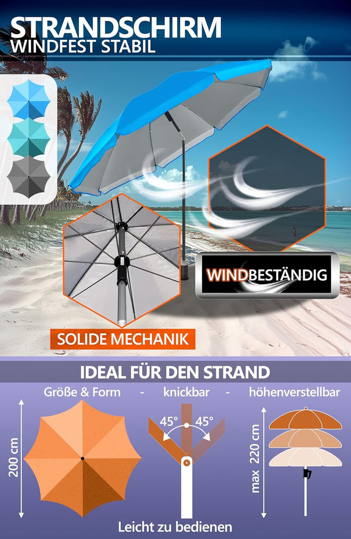 4smile Sonnenschirm Strand SET mit Bodenhülse, Ø 200 cm, Blau | UPF 50+ Strandschirm + Sonnenschirm