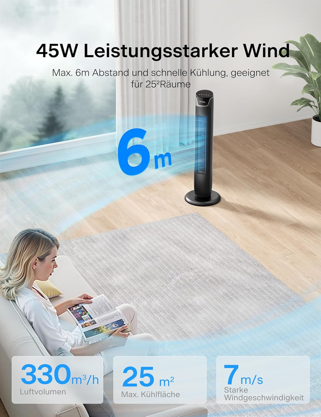 Pelonis Oszillierender Turmventilator mit Fernbedienung, Elektrischer Standing Tower Fan Bodenventil