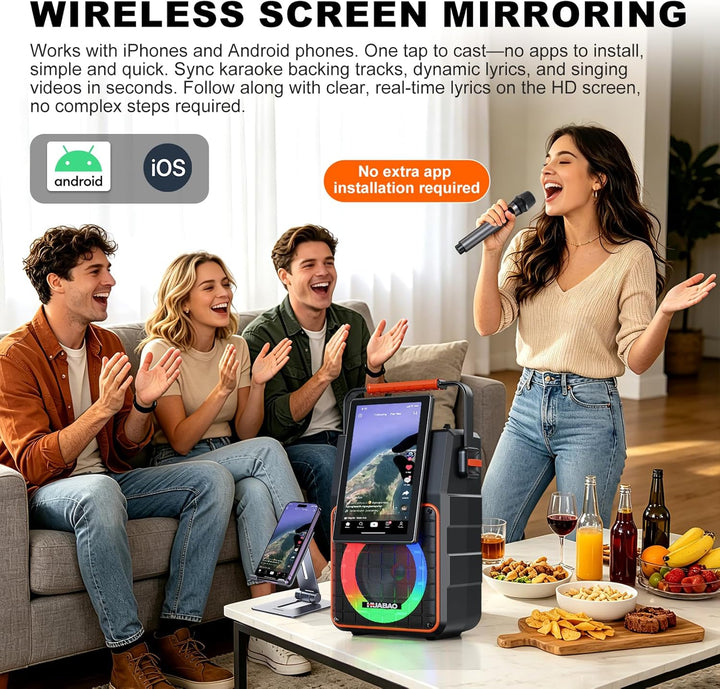 Tragbare Karaoke-Anlage mit drehbarem 10,1-Zoll-HD-Bildschirm, drahtloser Bildschirmspiegelung für i