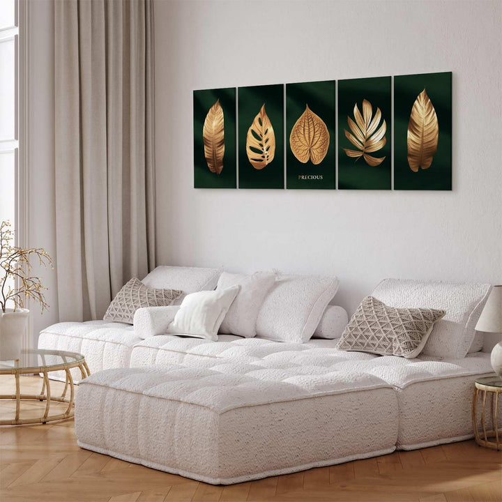murando - Bilder goldene Blätter 200x80 cm Vlies Leinwandbild 5 Teilig Kunstdruck modern Wandbilder