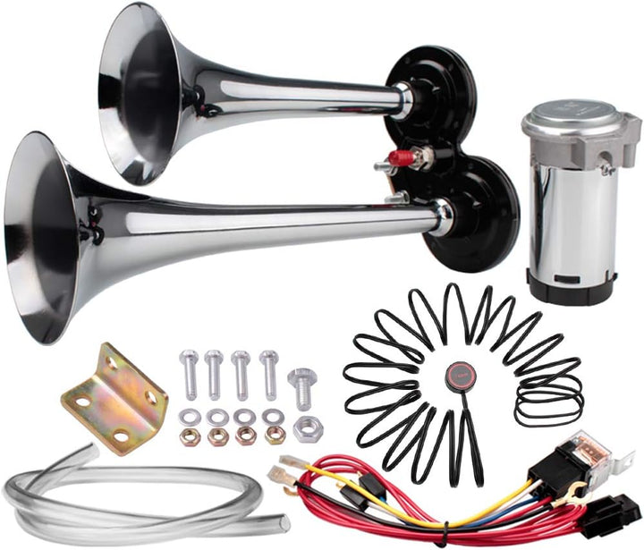 FARBIN Auto Horn 12V 150db Super Loud Air Horn, Chrom Zink Dual Trompete Air Horn, LKW Horn mit Komp