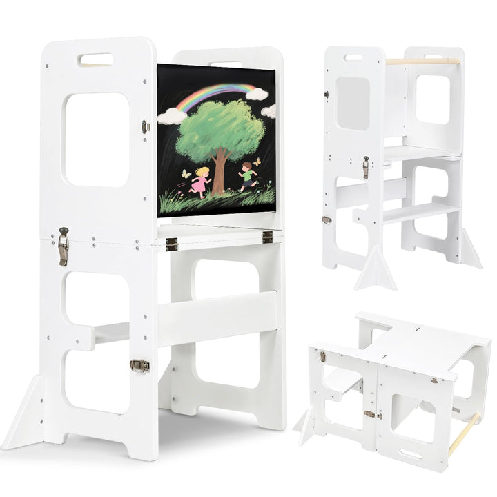Labebe Lernturm für Kinder, Montessori Faltbarer Lernturm mit Tafel, Multifunktion 3 in 1 Learning T