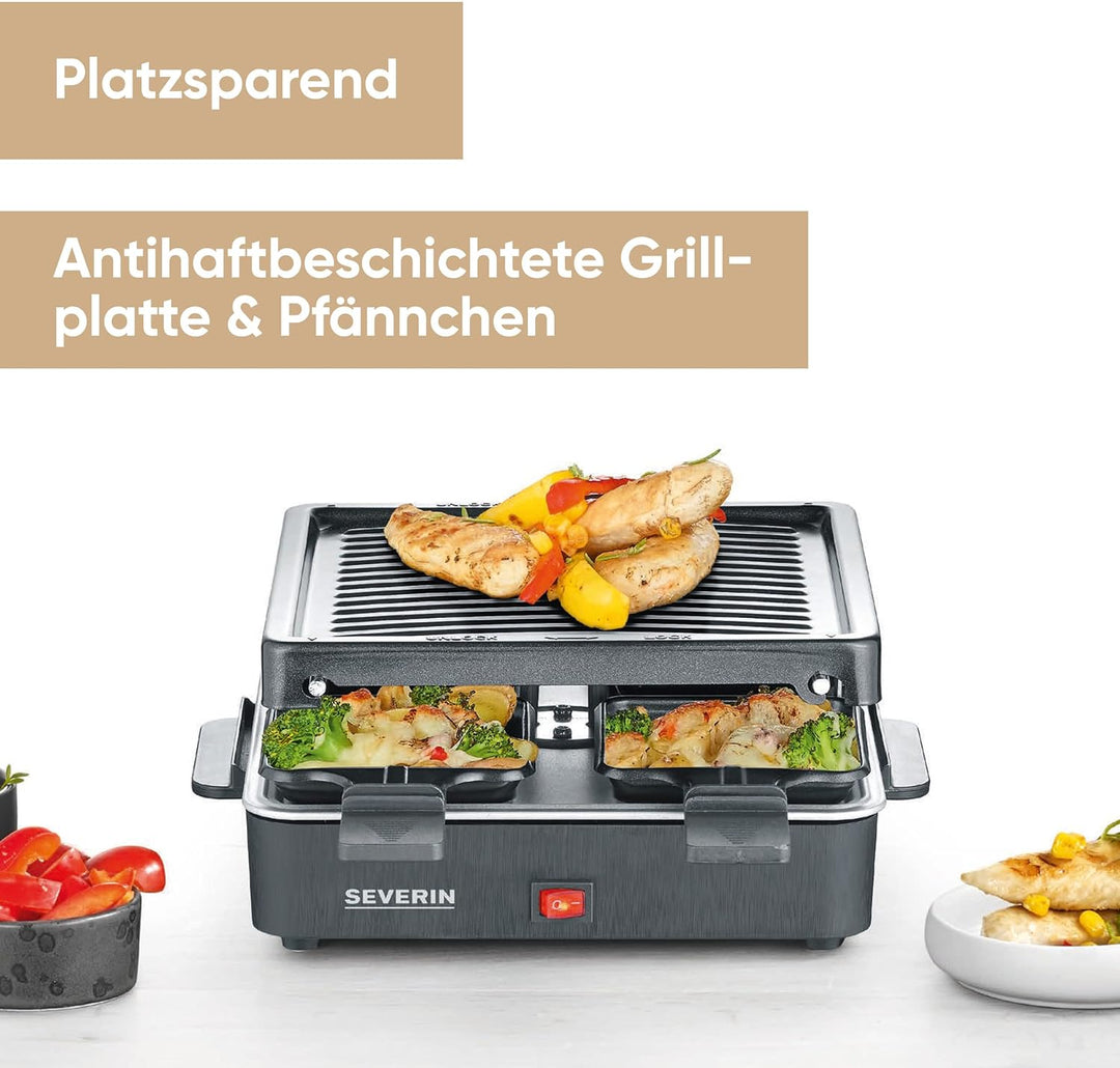 SEVERIN Mini Raclette-Grill, kleines Raclette mit antihaftbeschichteter Grillplatte und 4 Raclette P