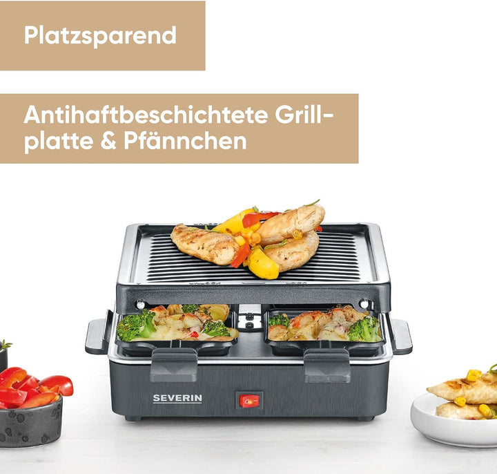 SEVERIN Mini Raclette-Grill, kleines Raclette mit antihaftbeschichteter Grillplatte und 4 Raclette P