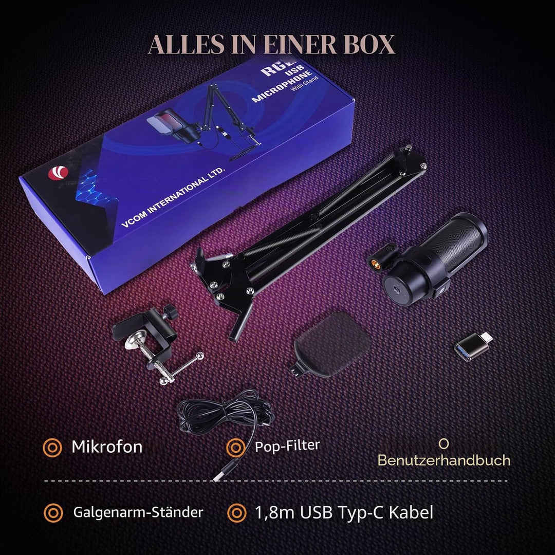 VCOM Gaming Mikrofon mit Arm, USB Microphone Kit mit RGB Modi, Mute, Pop-Filter, PC Mikrofon für Pod