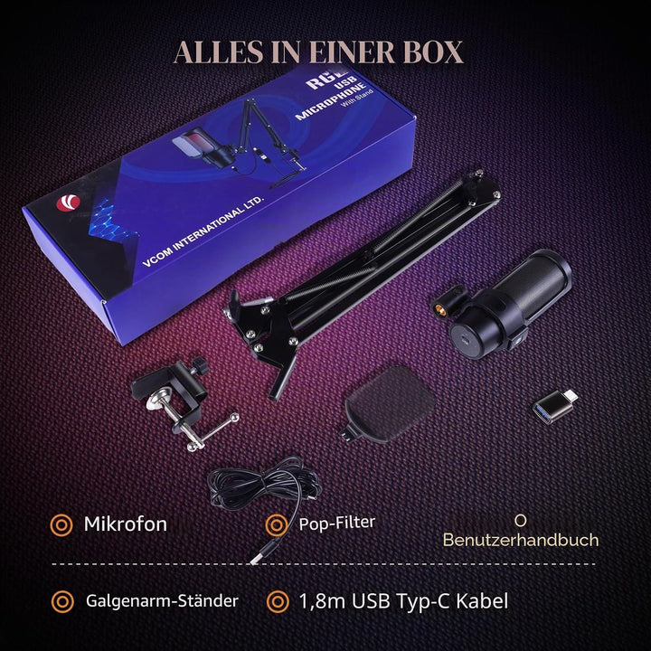 VCOM Gaming Mikrofon mit Arm, USB Microphone Kit mit RGB Modi, Mute, Pop-Filter, PC Mikrofon für Pod