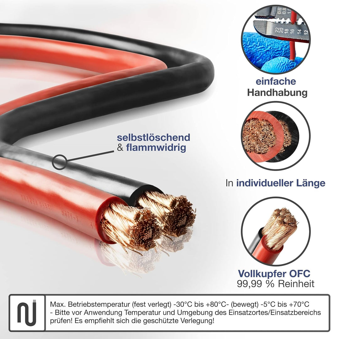 EBROM Batteriekabel Pluskabel 16 mm² rot, komplett, ab 30 cm bis 10 m, viele Längen + Ringösen/Kabel