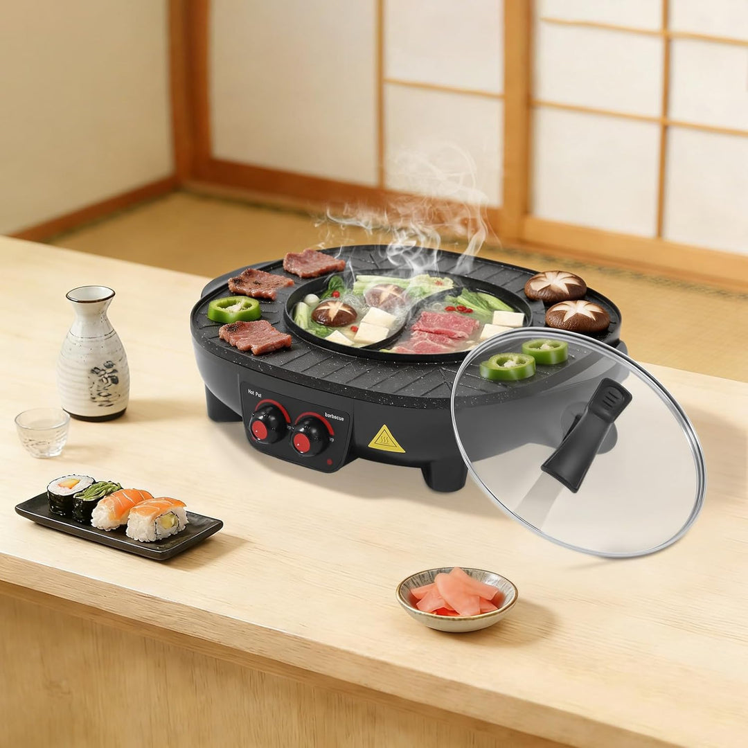 2000W Hot Pot Elektrischer, 2 in 1 Hotpot und Tischgrill für 5-6 Personen Electric Hot Pot Indoor Ko