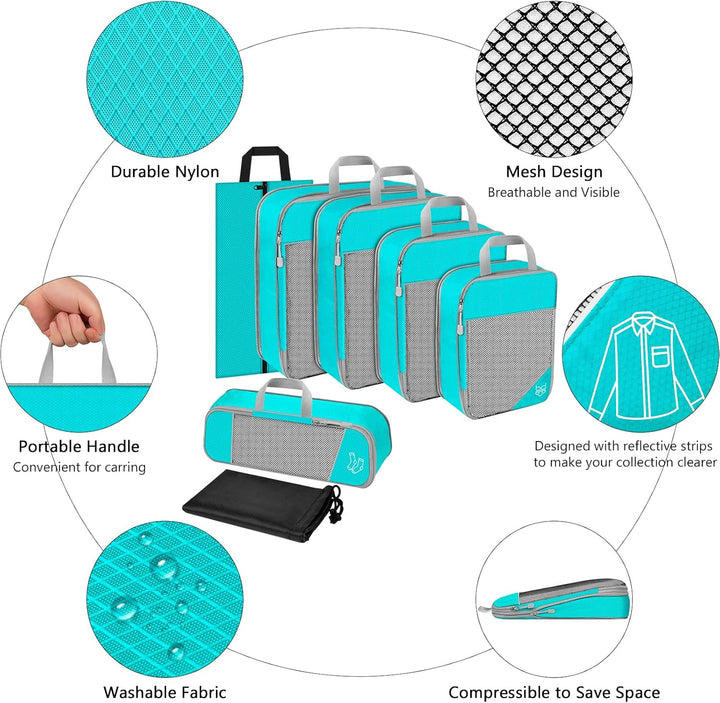 Koffer Organizer Set 7-teilig, Packtaschen mit Kompression, Compression Packing Cubes für Rucksack u