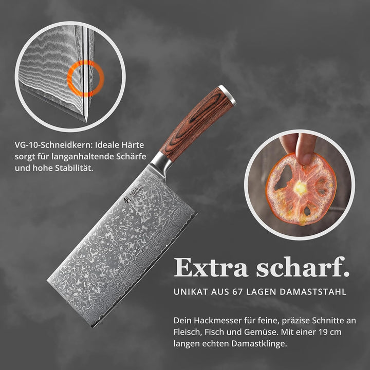 Wakoli EDIB Sakura Hackmesser 19 cm | Damast Hackbeil & Kochmesser aus 67 Lagen mit VG10 Kern, robus