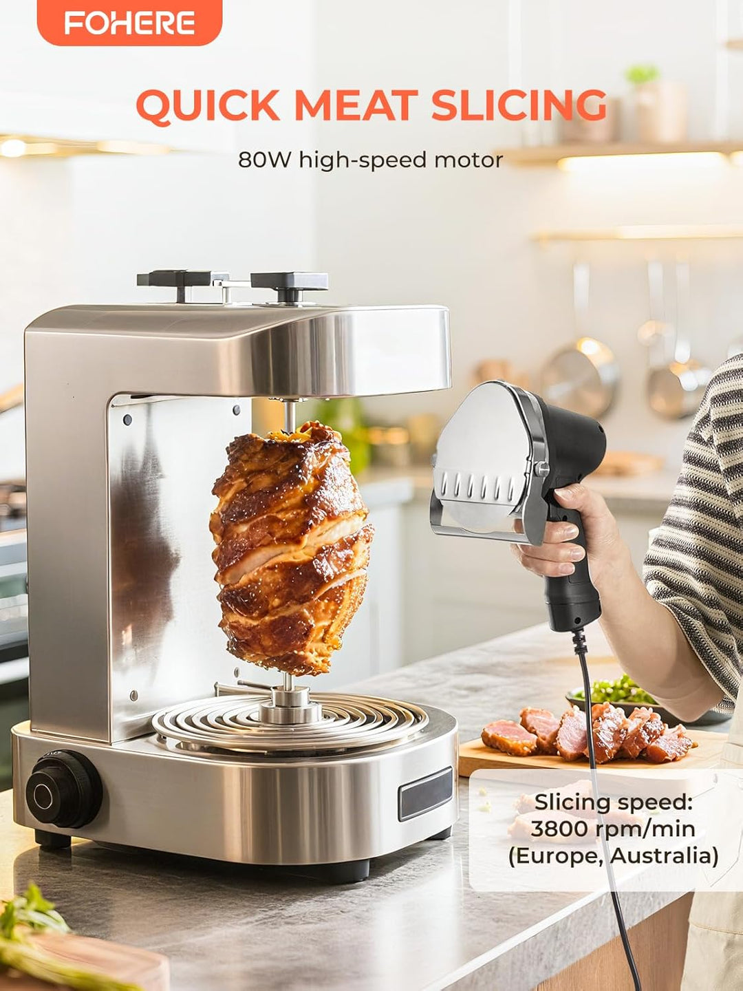 FOHERE Dönermesser Elektrisch Elektrisches Schawarma-Messer, 80W Türkisches Kebab-Messer, Kommerziel