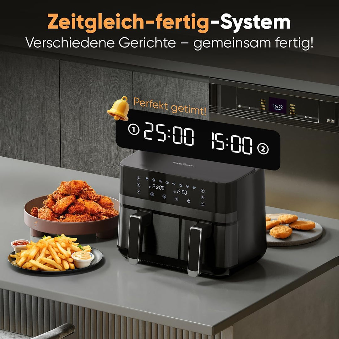 ProfiCook® Heissluftfritteuse mit Zeitgleich-fertig-System | 9 Liter | Heissluftfritteuse 2 Kammern