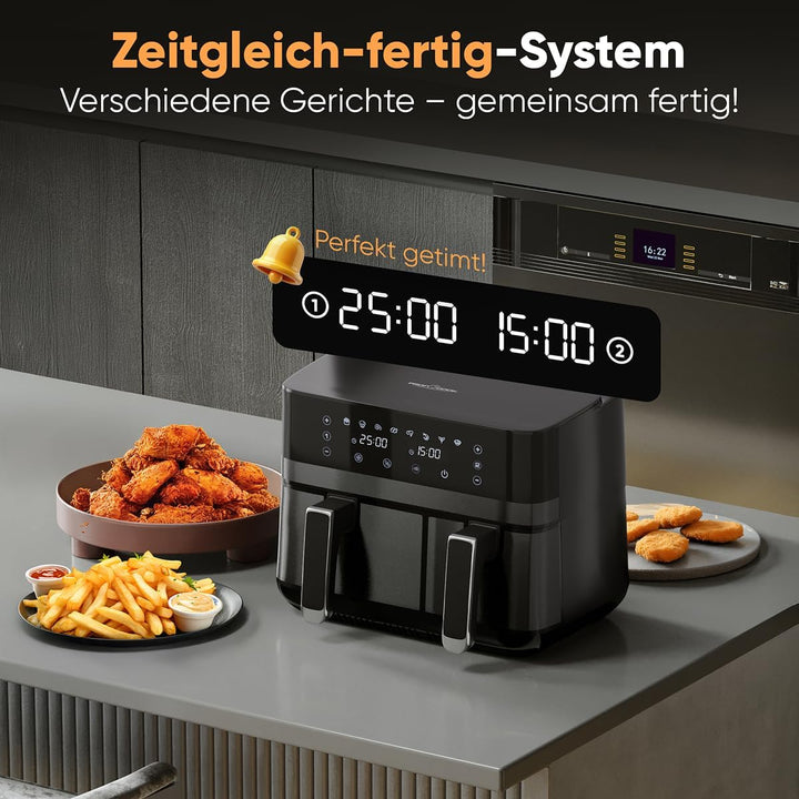 ProfiCook® Heissluftfritteuse mit Zeitgleich-fertig-System | 9 Liter | Heissluftfritteuse 2 Kammern